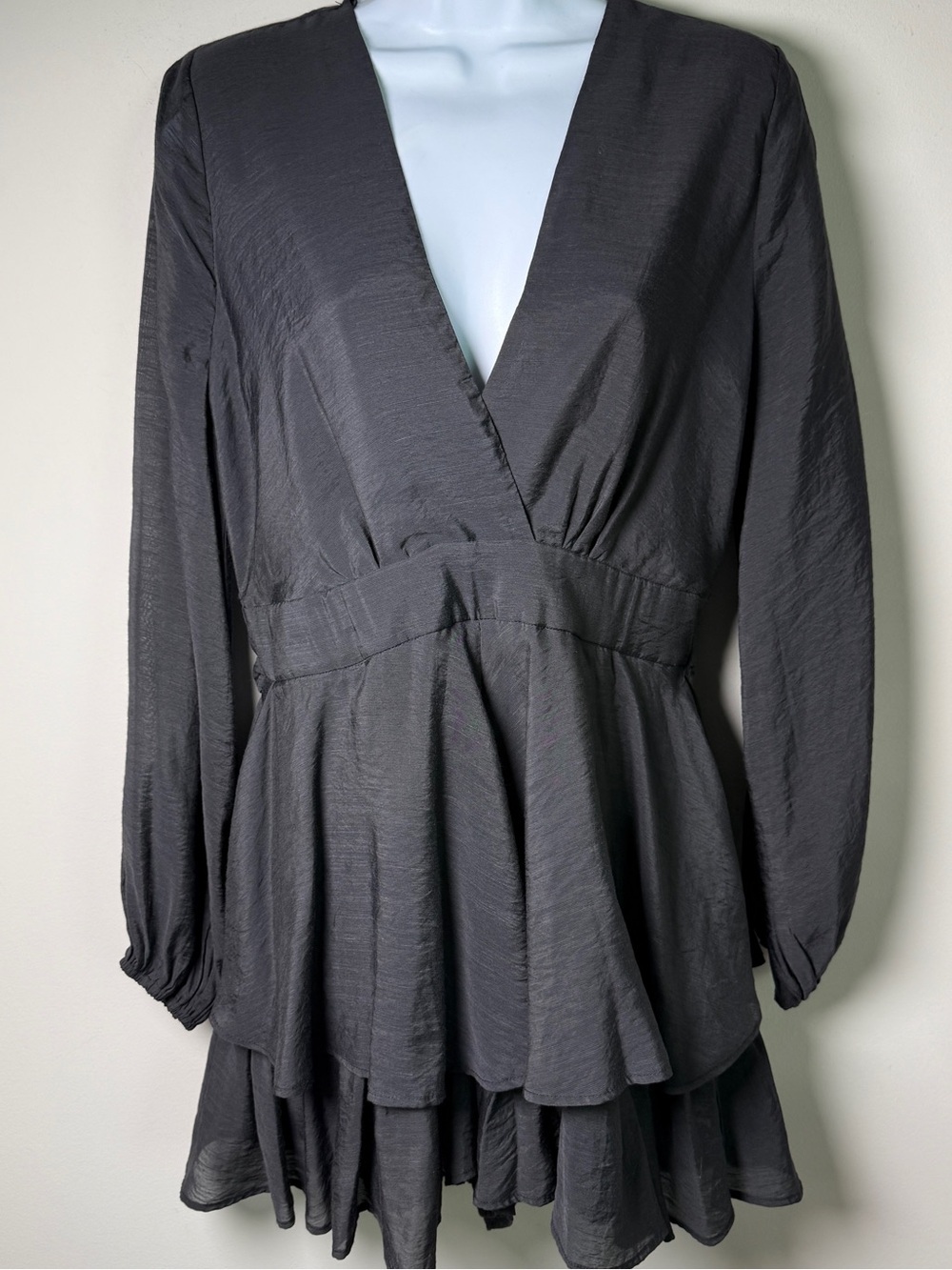 HYFVE Black Semi-Sheer Tiered Ruffle Long Blouse  Deep V Bishop Sleeve Belted L